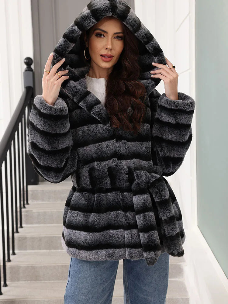 Women's striped faux-fur jacket with hood and tie belt