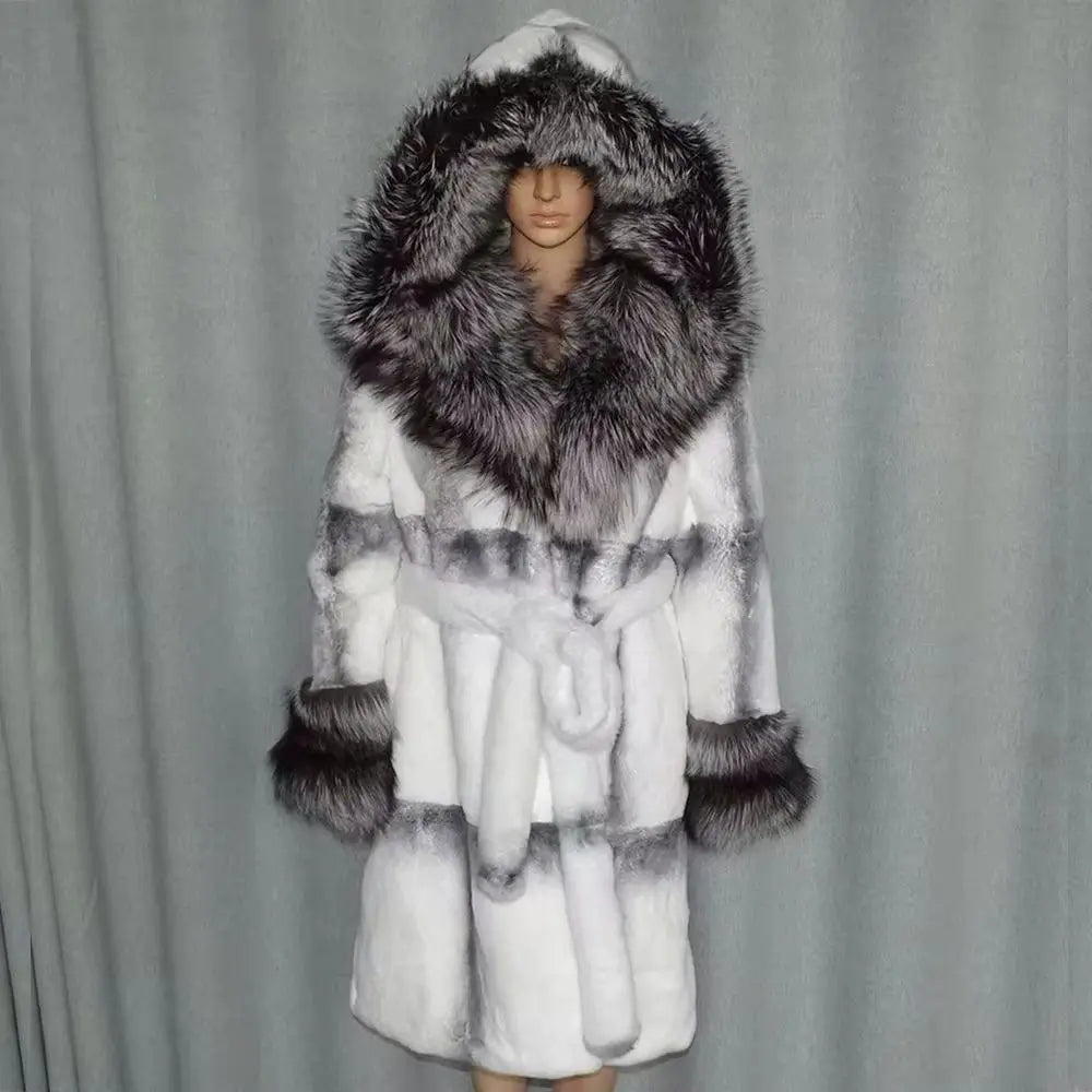 Women's coat with hood and faux fur trim, gray-white