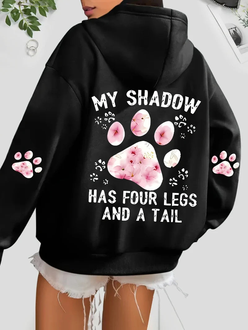Women's hoodie with hood and animal motif - "My Shadow Has Four Legs And A Tail"