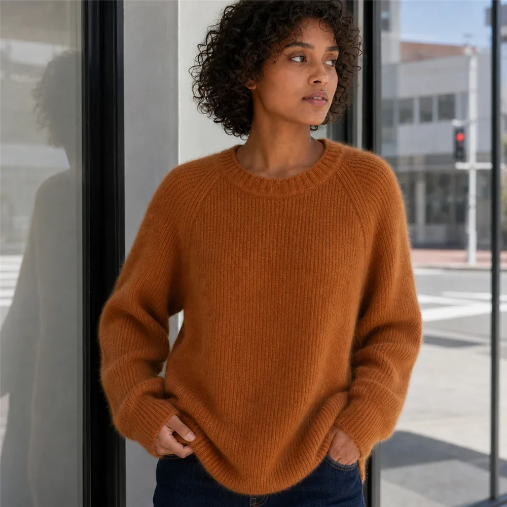 Women's Oversized Crewneck Knit Sweater with Raglan Sleeves