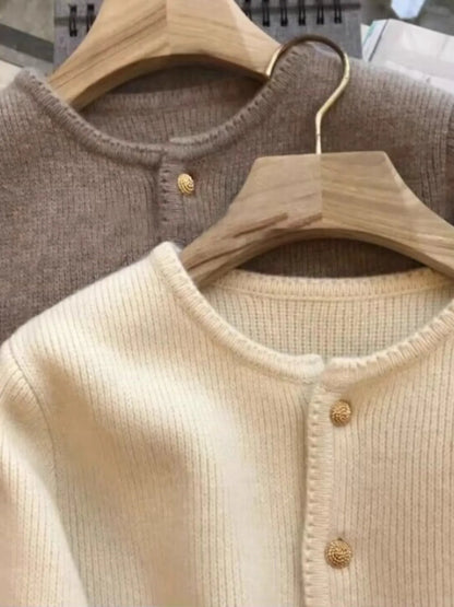 Women's Crew-Neck Long-Sleeved Knit Cardigan with Button Placket