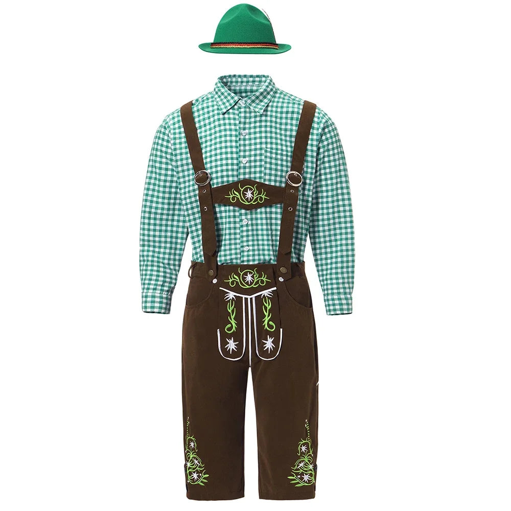 Men's traditional leather pants set with shirt and suspenders, black or brown