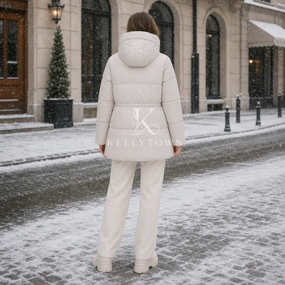 Women's quilted jacket with hood and waist drawstring, light beige