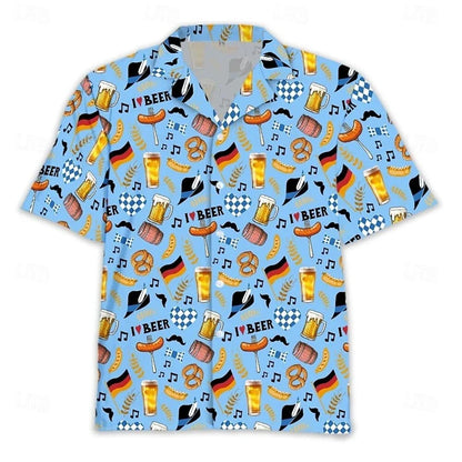 Men's Oktoberfest shirt, short sleeves, beer, pretzel, and sausage design