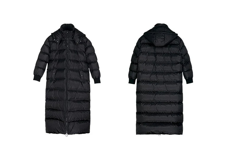 Long black men's puffer coat with hood