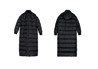 Long black men's puffer coat with hood