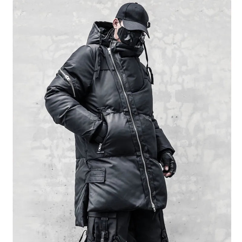 Unisex quilted winter jacket with hood, zippers and long sleeves, Black