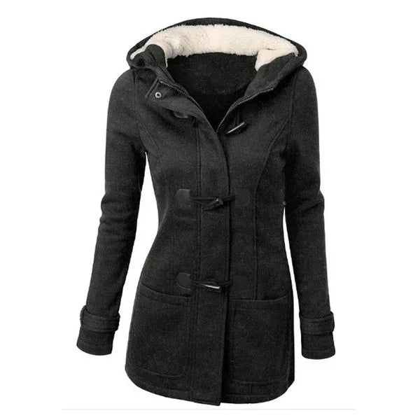 Women's winter coat with hood and toggle closure, warmly lined