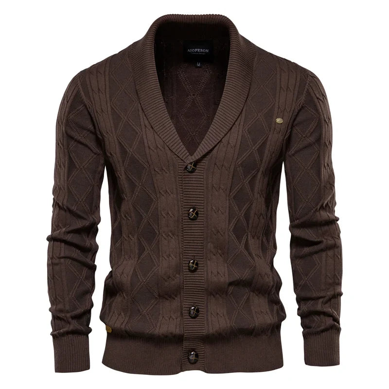Men's shawl-collar cardigan with diamond pattern and button placket