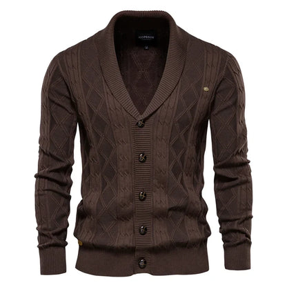 Men's shawl-collar cardigan with diamond pattern and button placket