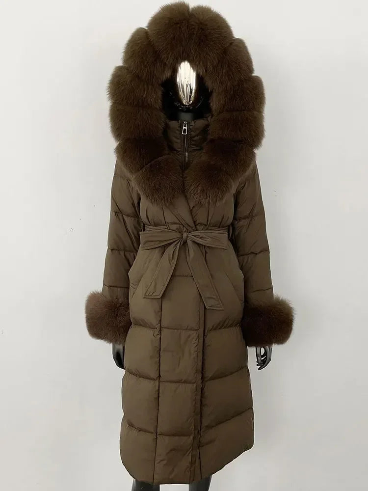 Women's quilted winter down coat with faux fur trim and belt