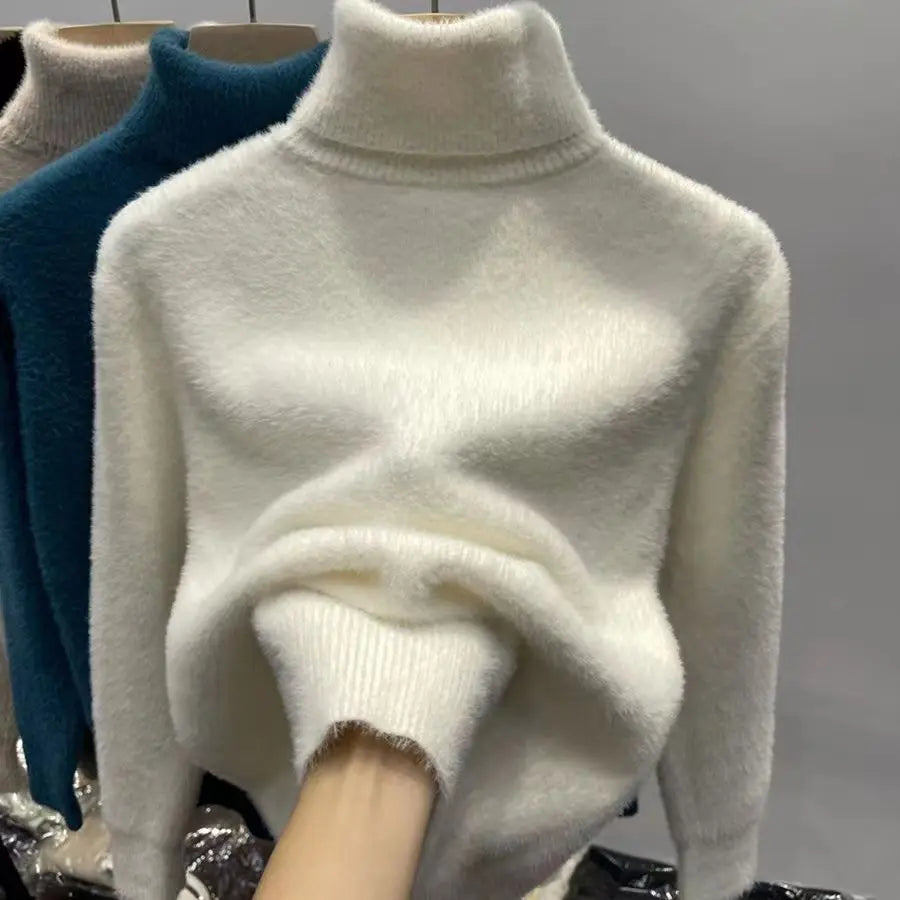 Soft women's turtleneck sweater long sleeves knitted sweater fuzzy sweater