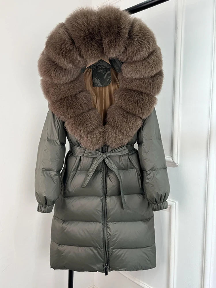 Women's black down coat with fur hood, long winter coat, belt, warm jacket