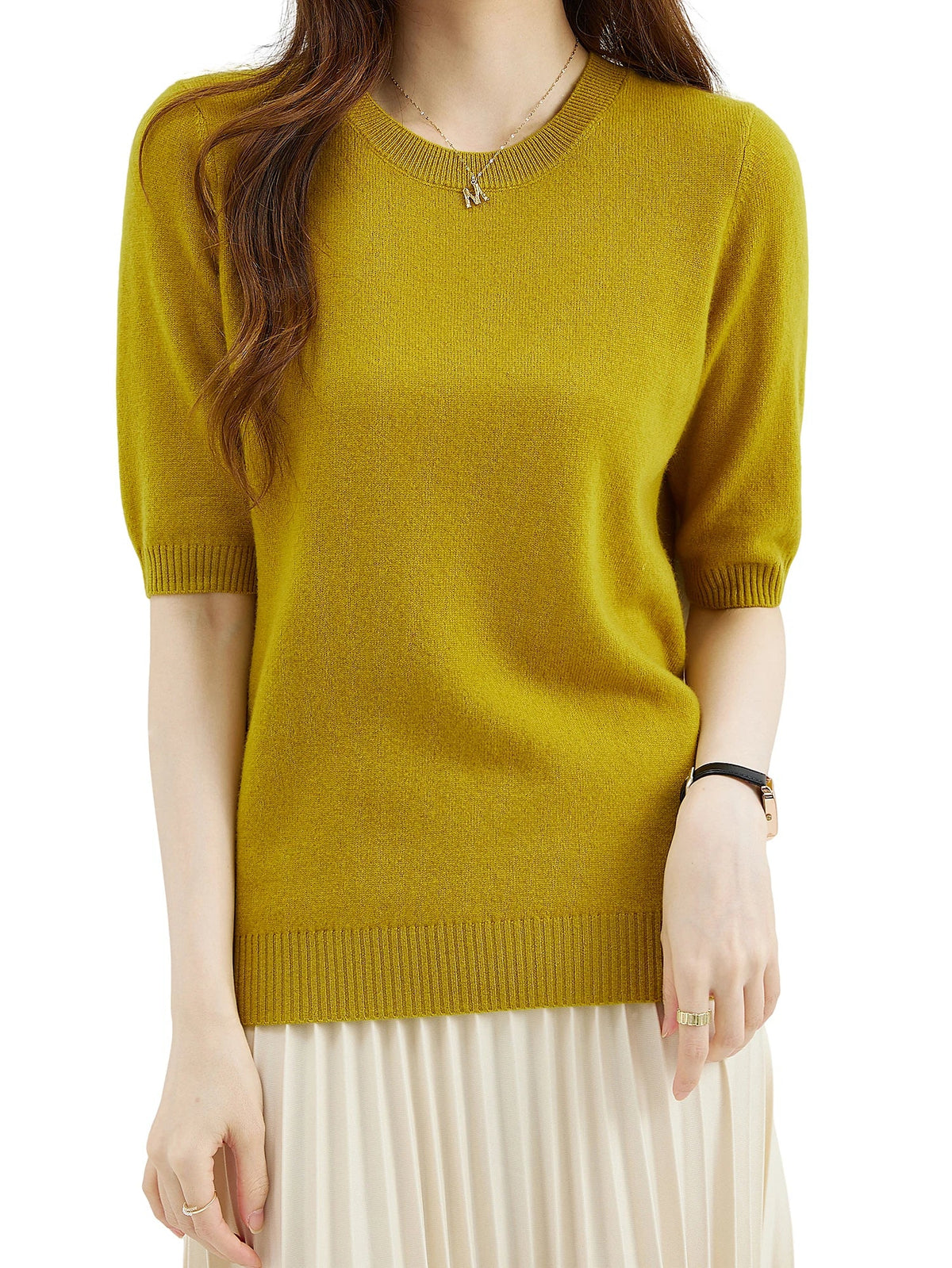 Women's short-sleeve knitted sweater, crew neck, ribbed hem