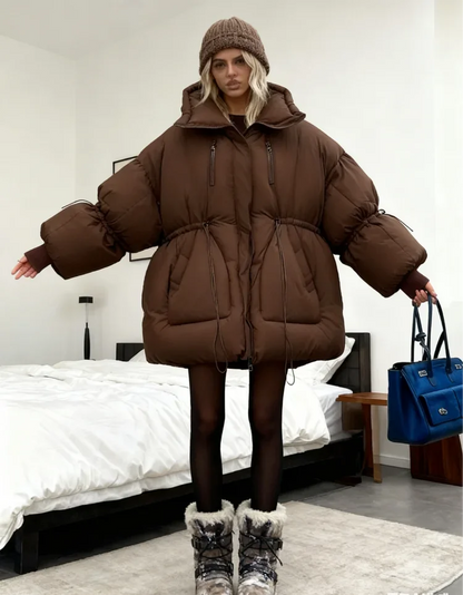 Brown oversized quilted coat for women with high collar, winter