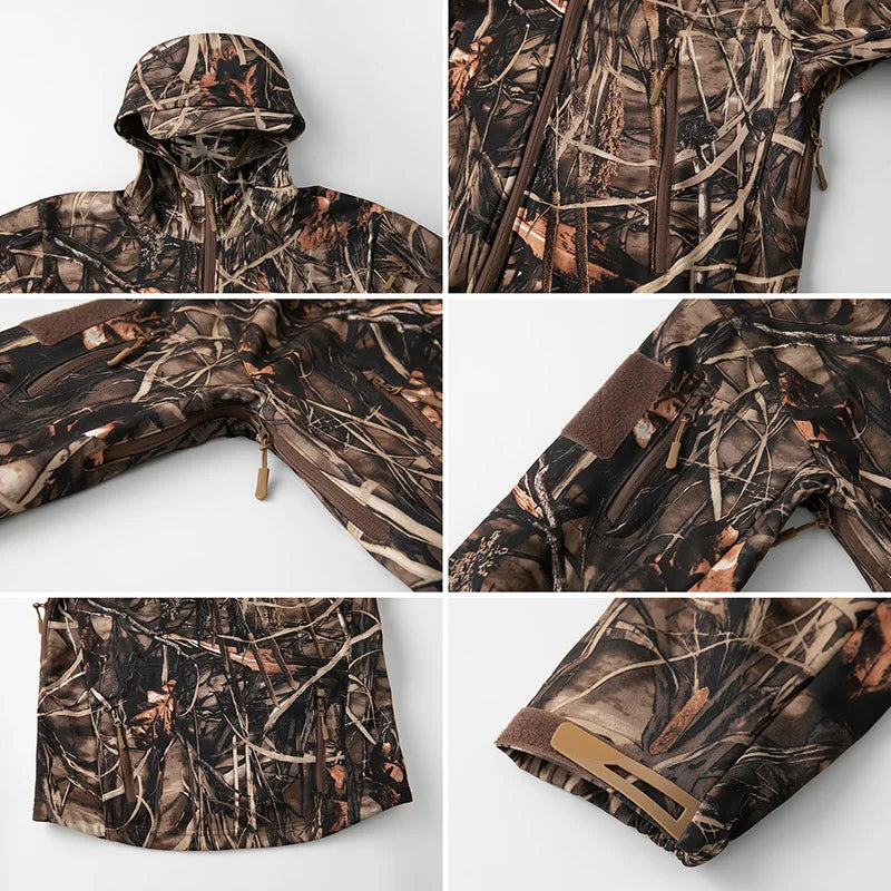 Camouflage outdoor jacket with hood and zippered pockets