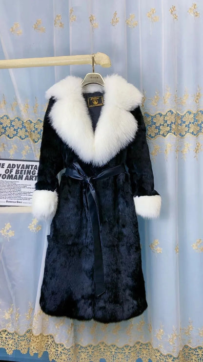 Faux Fur-Effect Winter Coat with Wide Collar and Belt