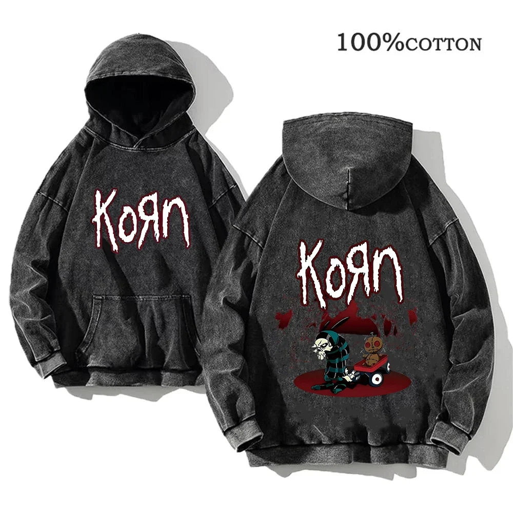 Hoodie Schwarz Grau Washed Oversize mit Band-Print Vorn & Hinten