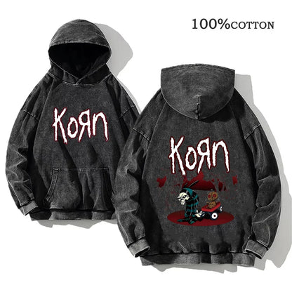 Hoodie Schwarz Grau Washed Oversize mit Band-Print Vorn & Hinten