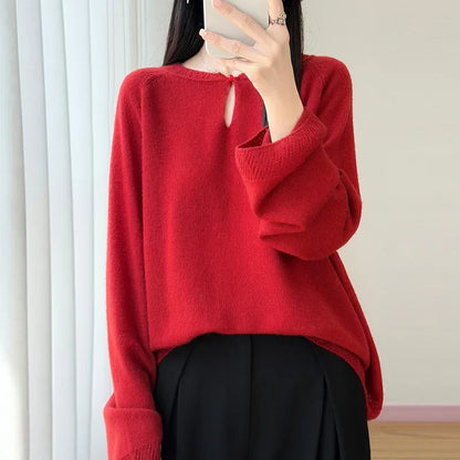 Women's Long-Sleeve Crewneck Sweater with Eyelet-Pattern Details