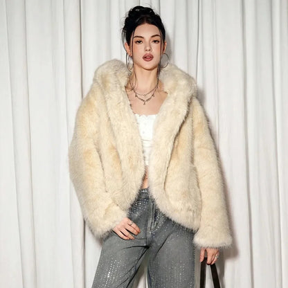 Women's cream-white faux fur jacket plush faux fur jacket winter