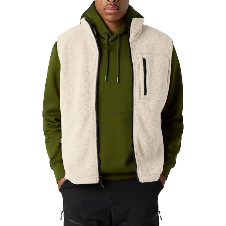 Unisex fleece vest with stand-up collar, zipper, and chest pocket