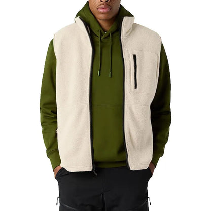 Unisex fleece vest with stand-up collar, zipper, and chest pocket