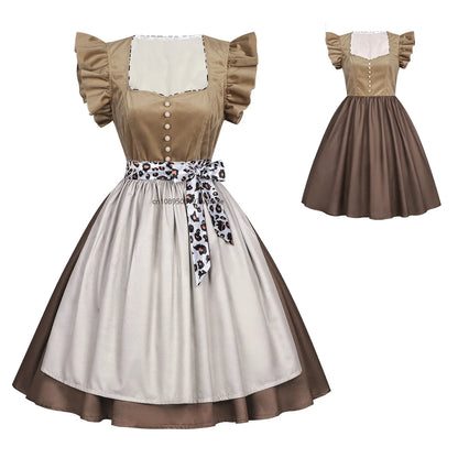Damen Dirndl Kleid Braun Beige mit Schürze und Leopardenmuster-Band