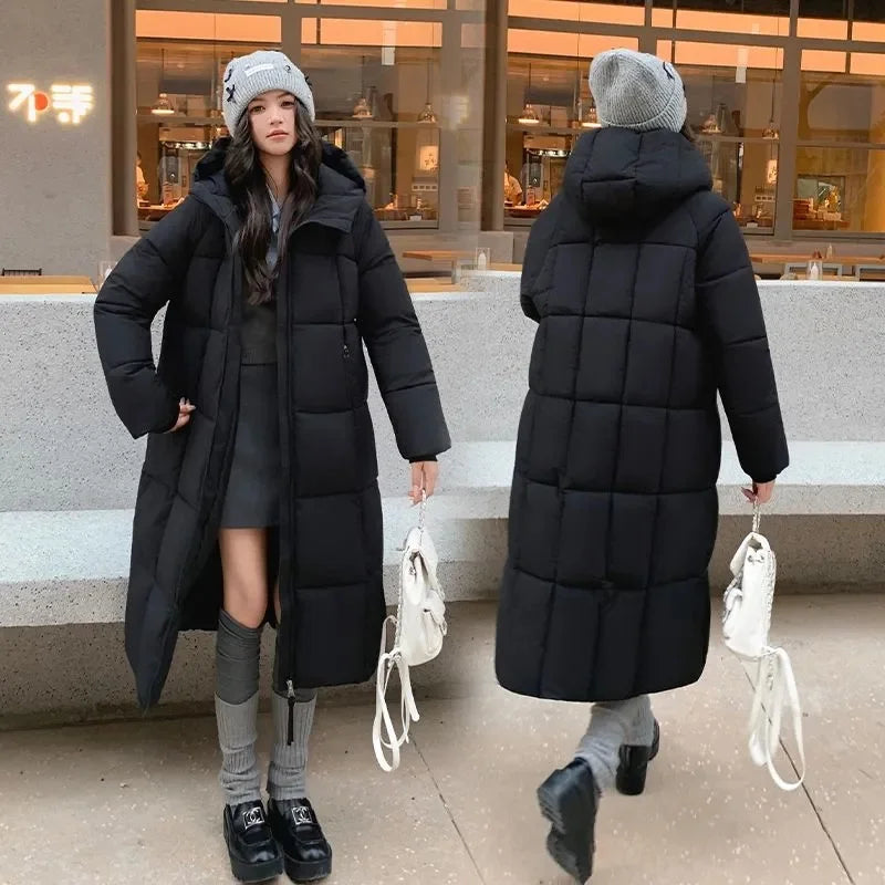 Long quilted coat with hood for women, winter
