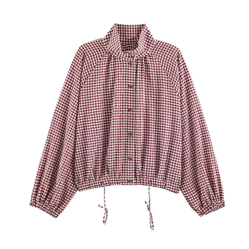 Damen Bluse mit Stehkragen und Vichy-Karo Muster – Langarm, verstellbarer Saum