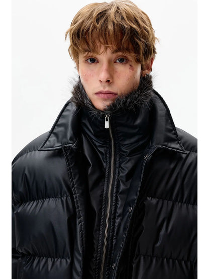 Men's black quilted jacket with faux fur collar, bomber jacket style