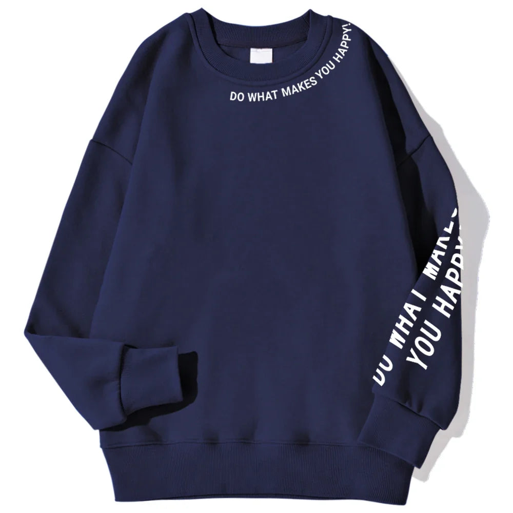 Women's crew-neck long-sleeve sweatshirt with "Do What Makes You Happy" slogan print