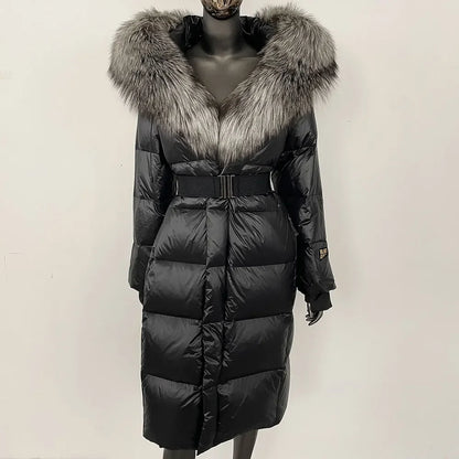 Women's long winter quilted coat with faux-fur hood and belt