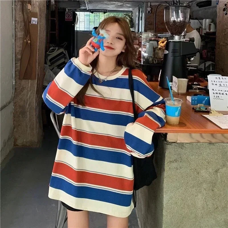 Women's striped oversized crew-neck long-sleeve shirt, casual top