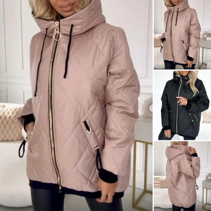 Women's quilted jacket with hood, zipper, and stand collar