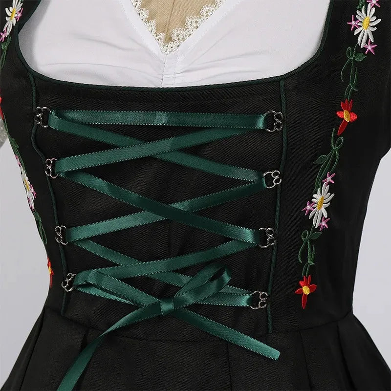 Dirndl Damen Traditionelles 3-teiliges Set Grün Schwarz Weiß mit Blumenstickerei