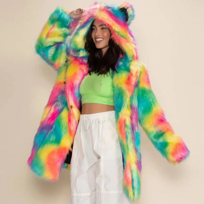 Colorful teddy plush coat with hood and ears, rainbow colors