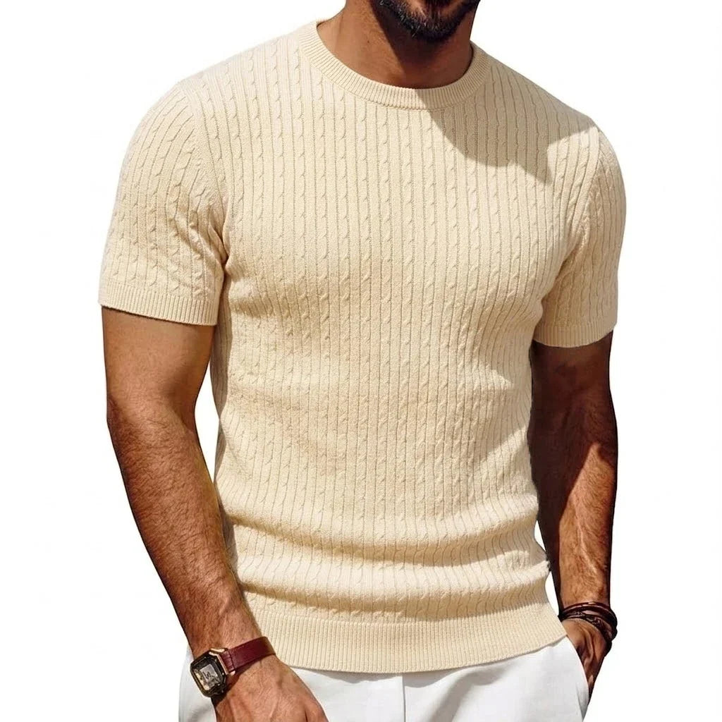 Men's short-sleeve knit pullover cable-knit pattern crew neck