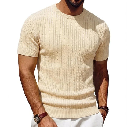 Men's short-sleeve knit pullover cable-knit pattern crew neck