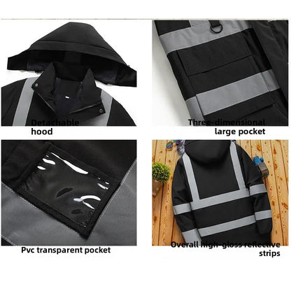 Men's winter work jacket with fleece lining, reflective stripes, and hood