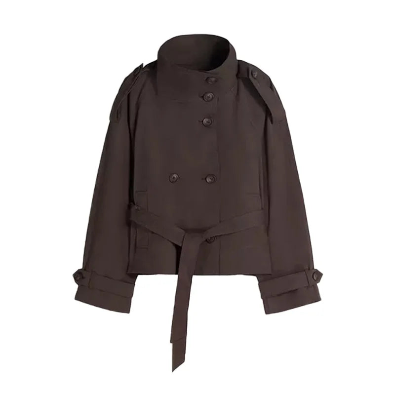 Damen Kurzjacke mit Gürtel Doppelreihig Stehkragen Kurz Trench Jacke