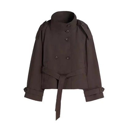Damen Kurzjacke mit Gürtel Doppelreihig Stehkragen Kurz Trench Jacke