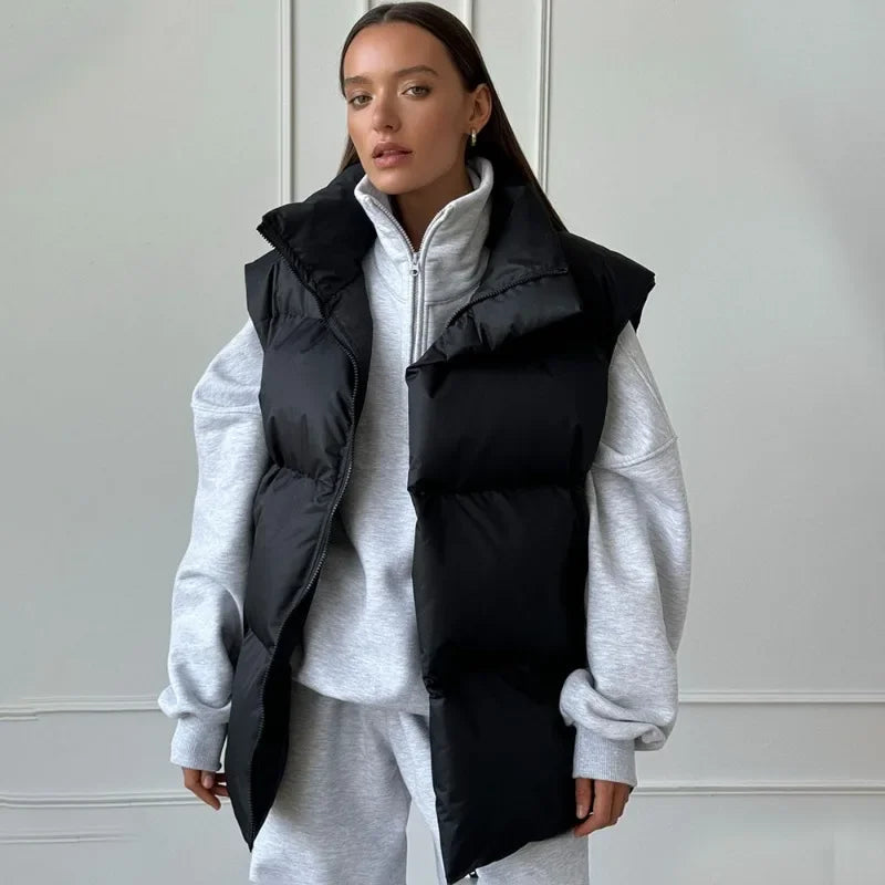 Women's Puffer Vest Stand-Up Collar Gray Black Apricot