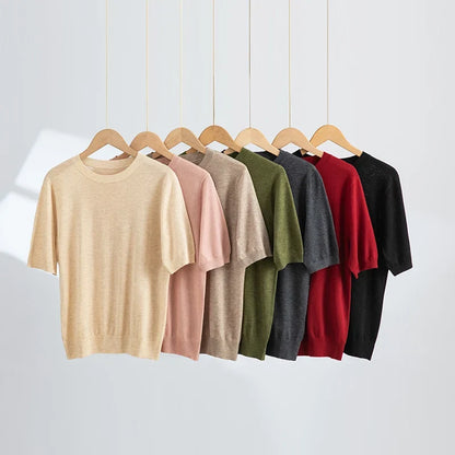 Women's short-sleeve knitted sweater, crew neck, soft sweater top