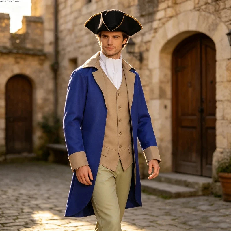 Men's historical costume set, blue and beige frock coat, vest, trousers, pirate hat