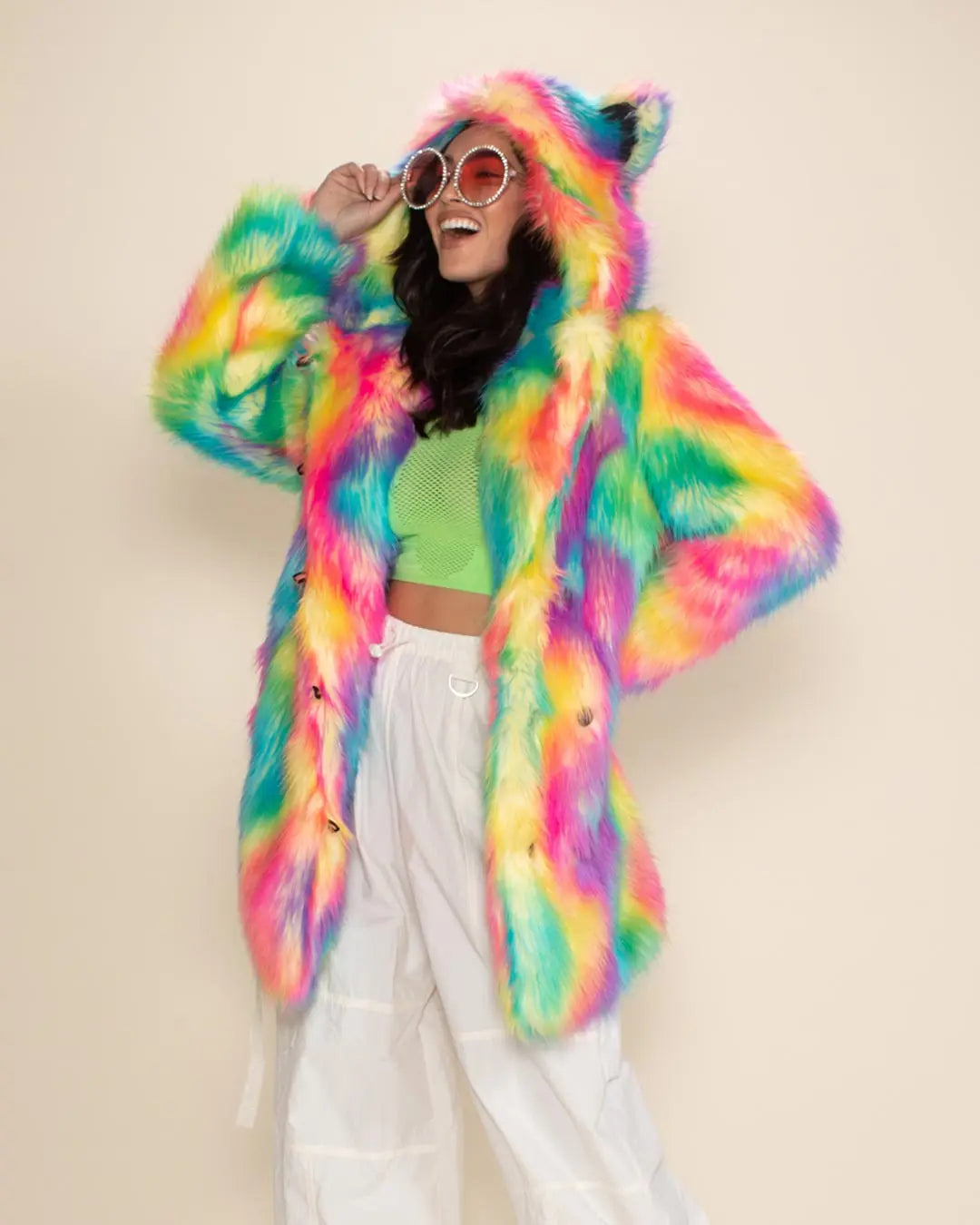 Colorful teddy plush coat with hood and ears, rainbow colors