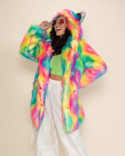 Colorful teddy plush coat with hood and ears, rainbow colors