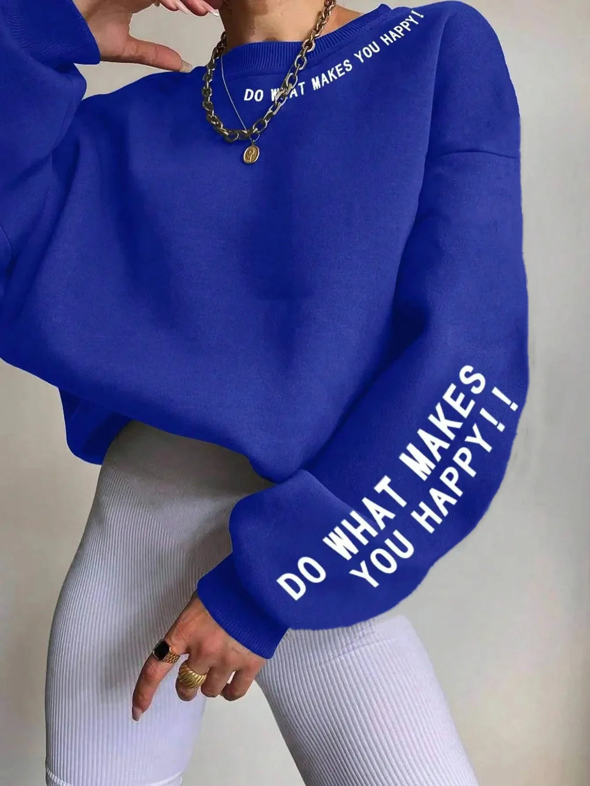Women's crew-neck long-sleeve sweatshirt with "Do What Makes You Happy" slogan print