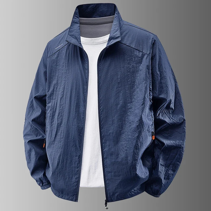 Lightweight men's windbreaker jacket with stand collar and zipper