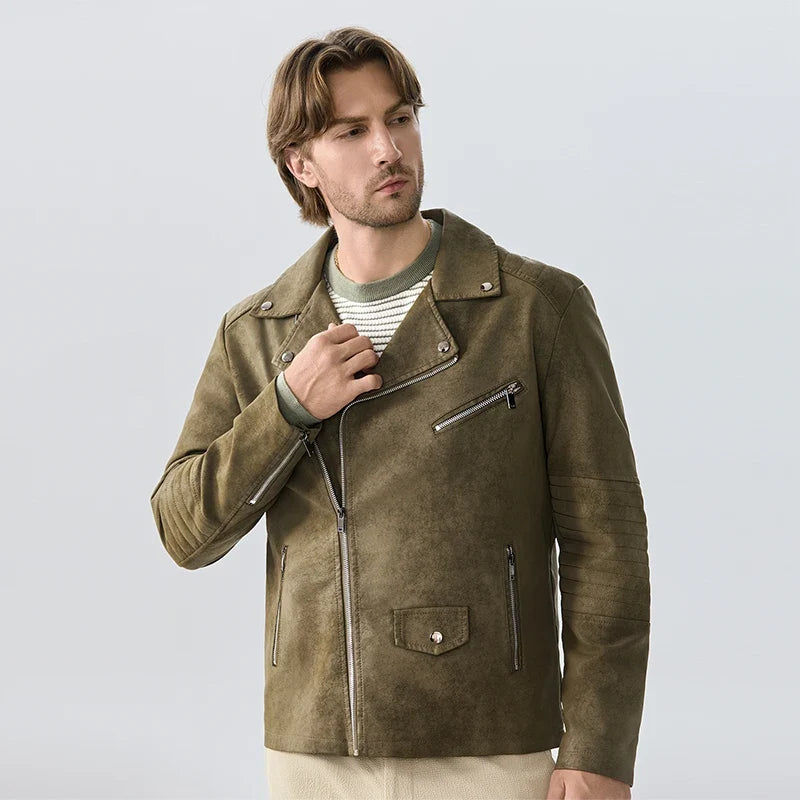 Men's biker jacket in suede look with zippers, brown